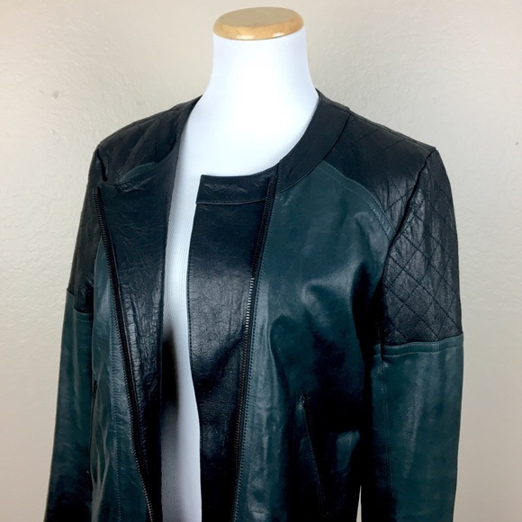 THEORY Maisie Leather Colorblock Moto Crop Jacket LARGE Green Bomber Designer - Picture 7 of 8